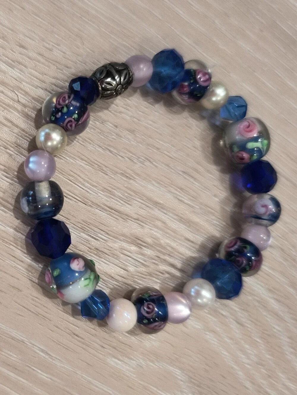 Handcrafted Blue Floral Glass Bead Bracelet
